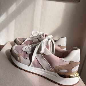 Michael Kors Women's Monroe Mixed Media Trainers NIB Soft Pink Brown